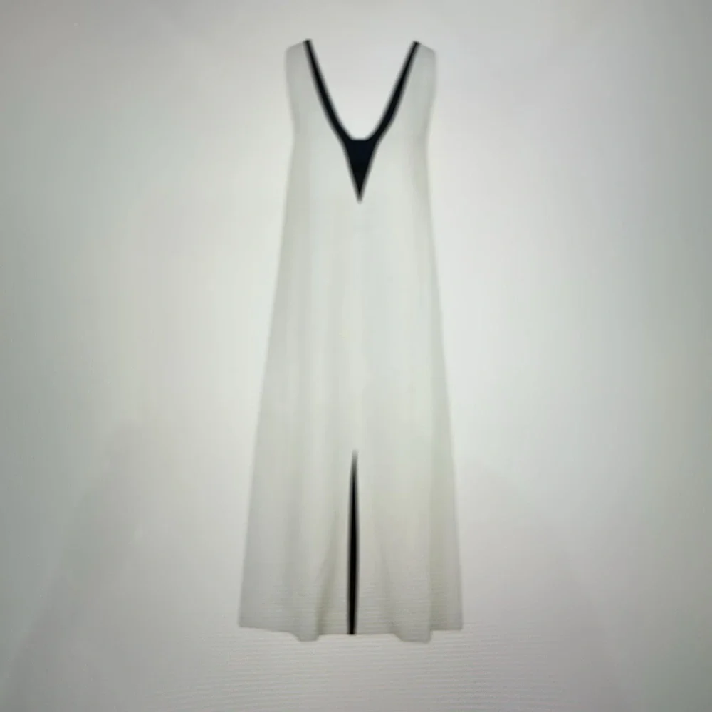 Reiss White Linen Midi Dress Contrast Navy Trim Deep V | US 2 - Picture 3 of 7